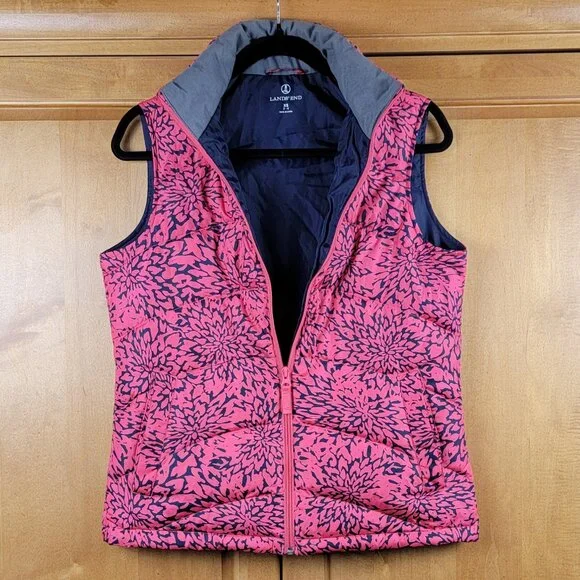 Lands' End Women's Coral and Navy Floral Down Full Zip Puffer Vest - XS - Picture 2 of 9